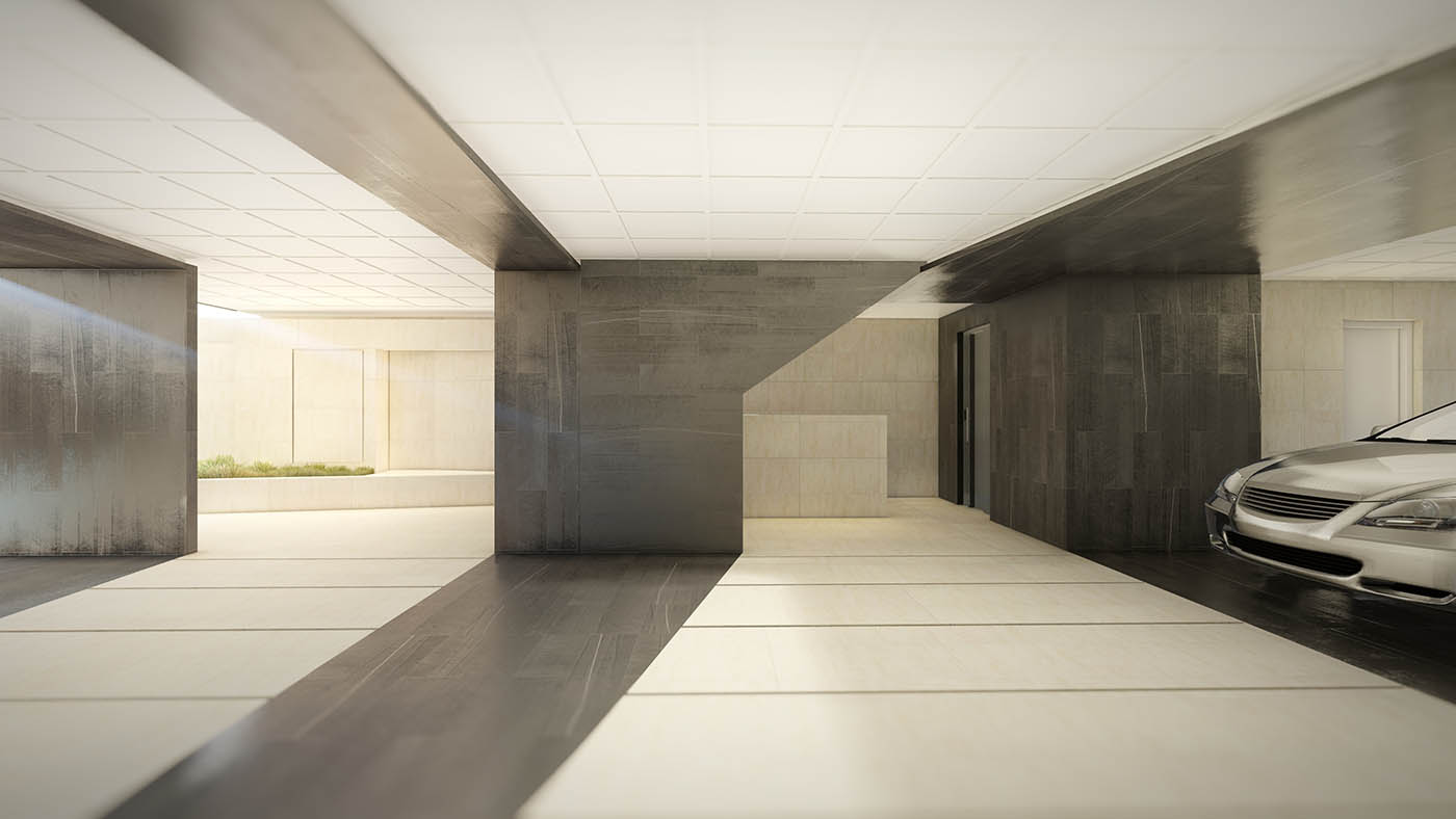 a render of the stairs and parking, an apartment in 130st.