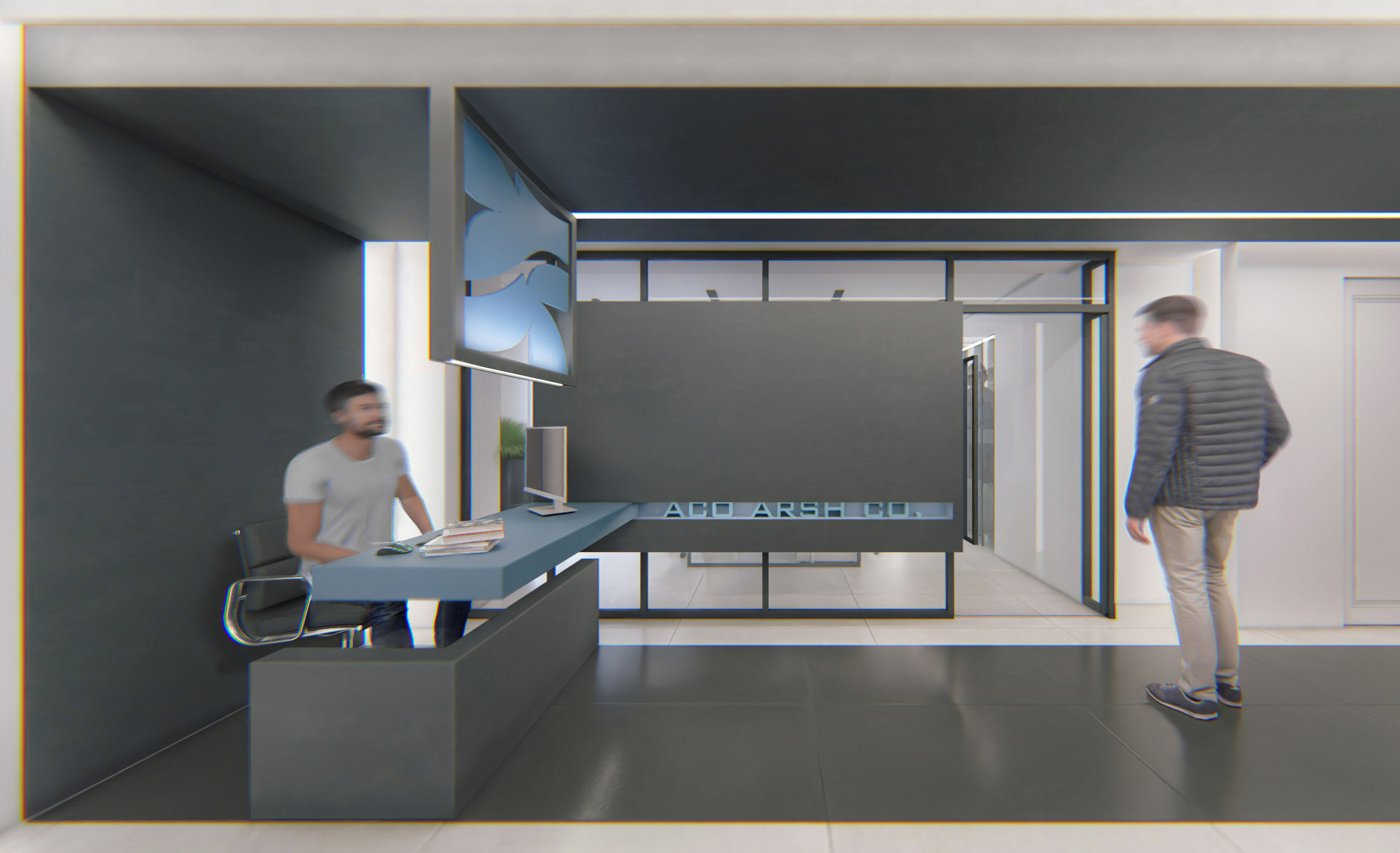 The reception desk, adjacent to partition of the staff workspace. , Planca Palace office interior design project