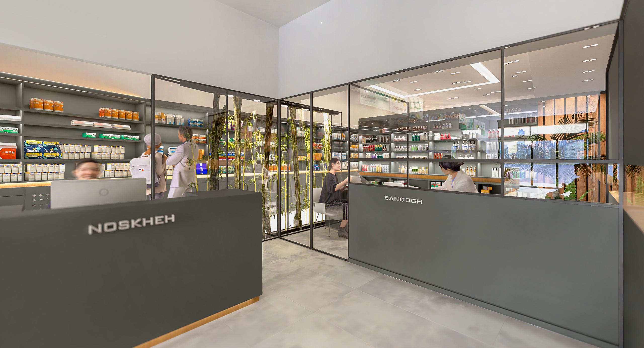 pharmacy, interior render 4 , Pharmacy and the Tiny Clinic Above project