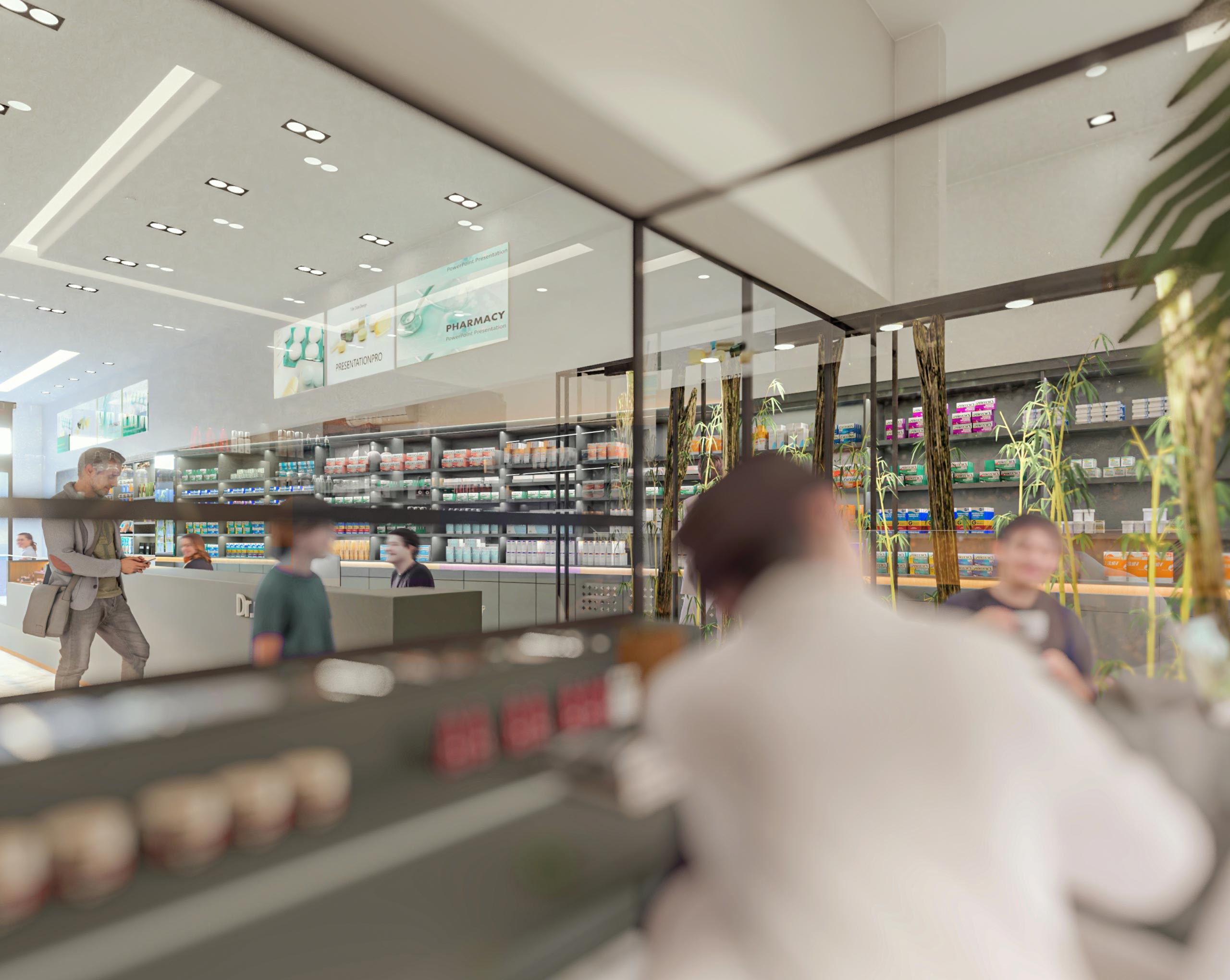 a man in pharmacy, interior render 5, Pharmacy and the Tiny Clinic Above project