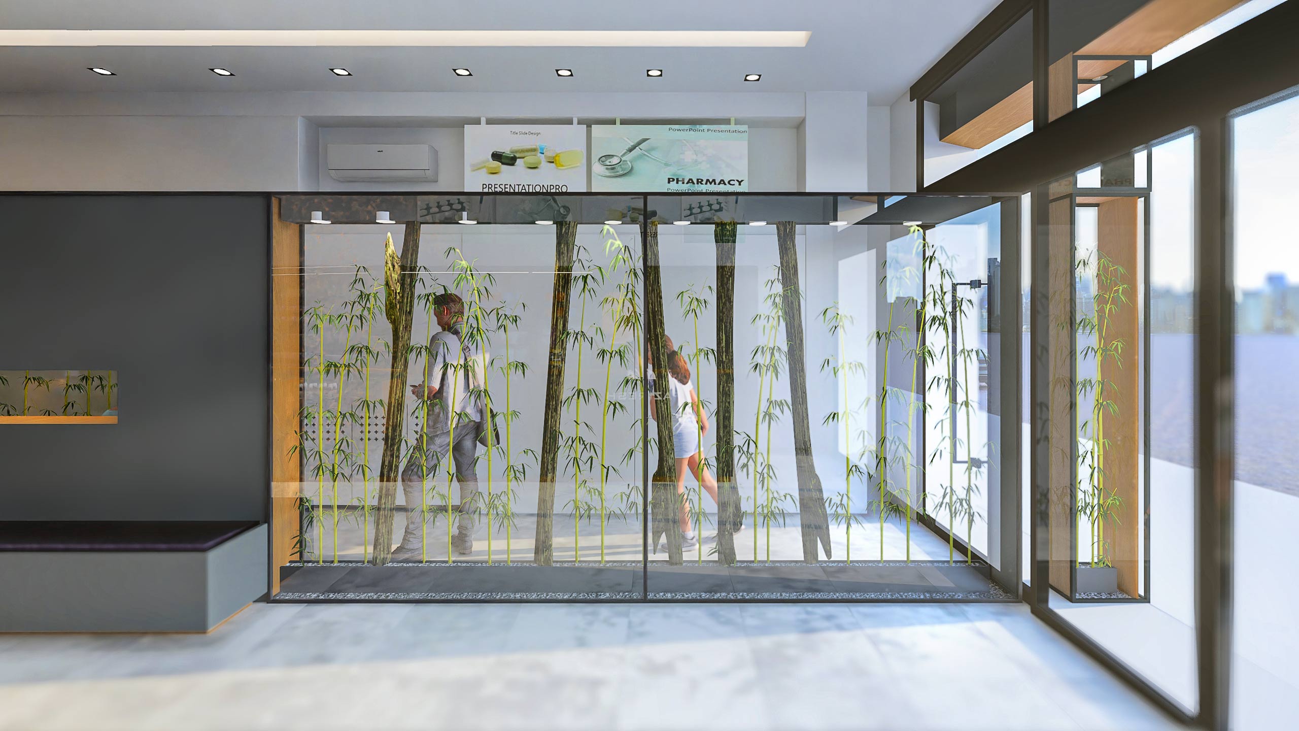 plants in the pharmacy, interior render 3, Pharmacy and the Tiny Clinic Above project