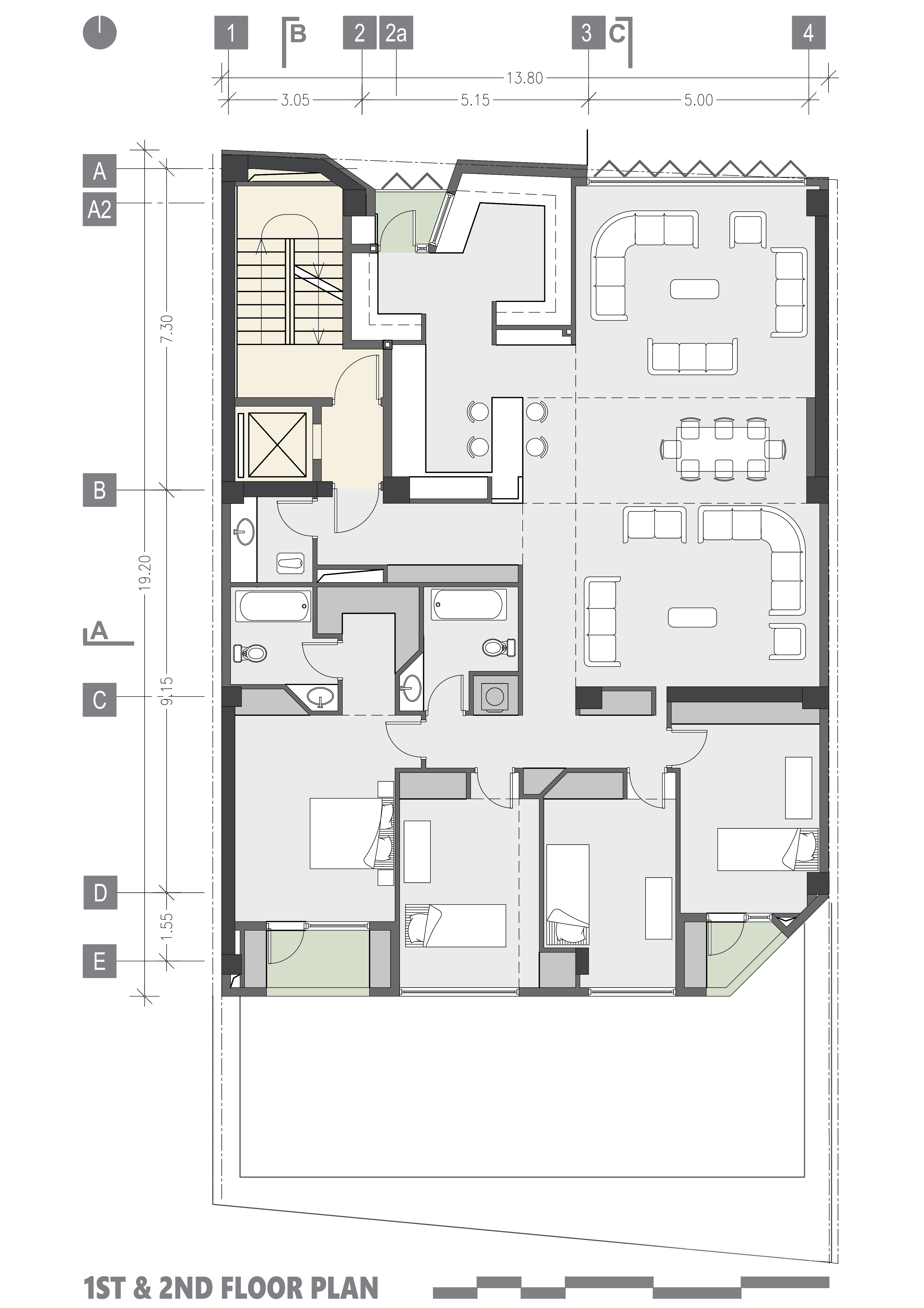 1st and 2nd floor plan, the Jameh-Chin (Pleated Veil) Apartment,100 St, Rasht, Iran