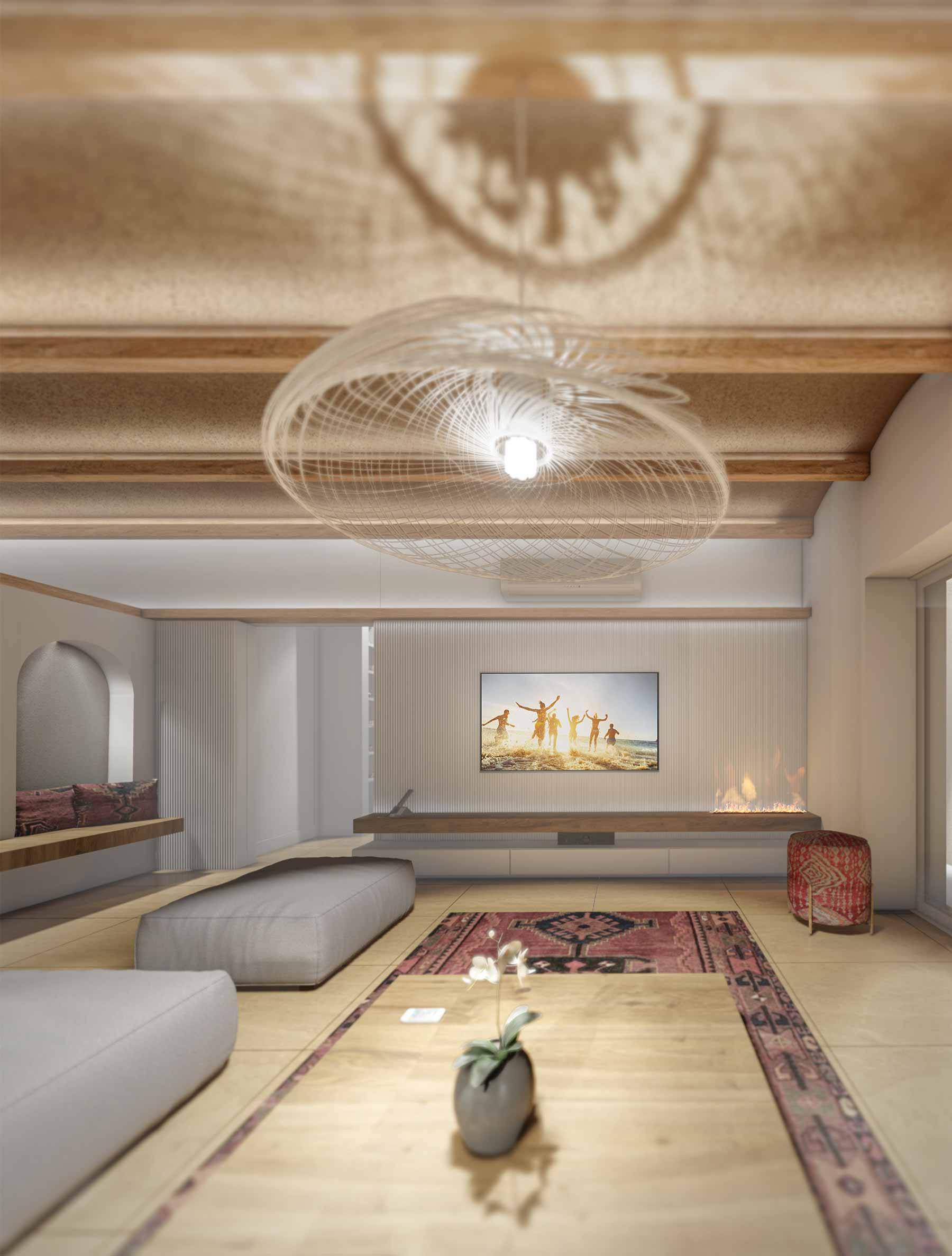 tv room in night, interior render