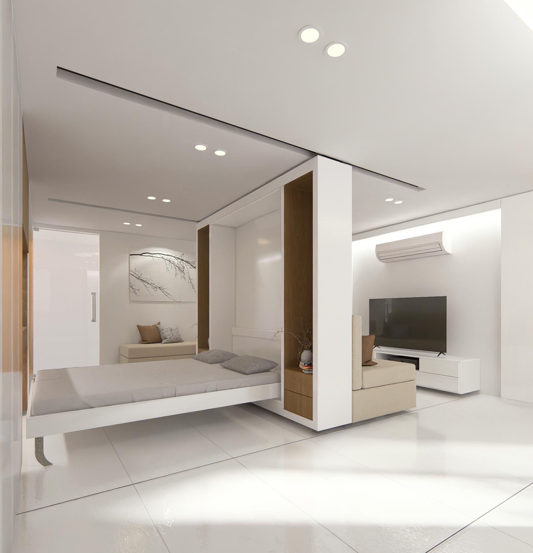 render 3 - mode 2: bed time , Tiny Home that Morphs to moments