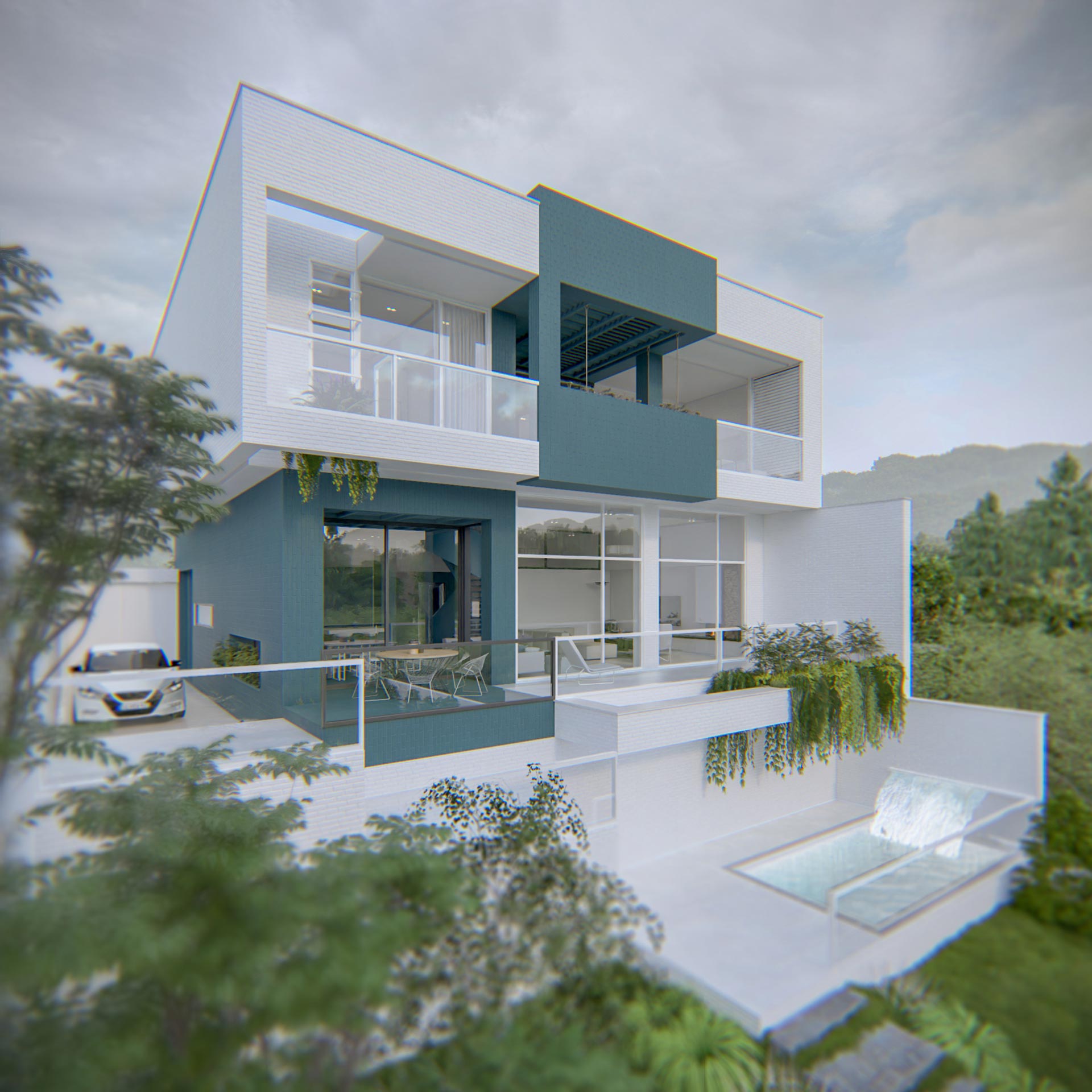 exterior view, eastrn facade, day , project: two cubes, One villa