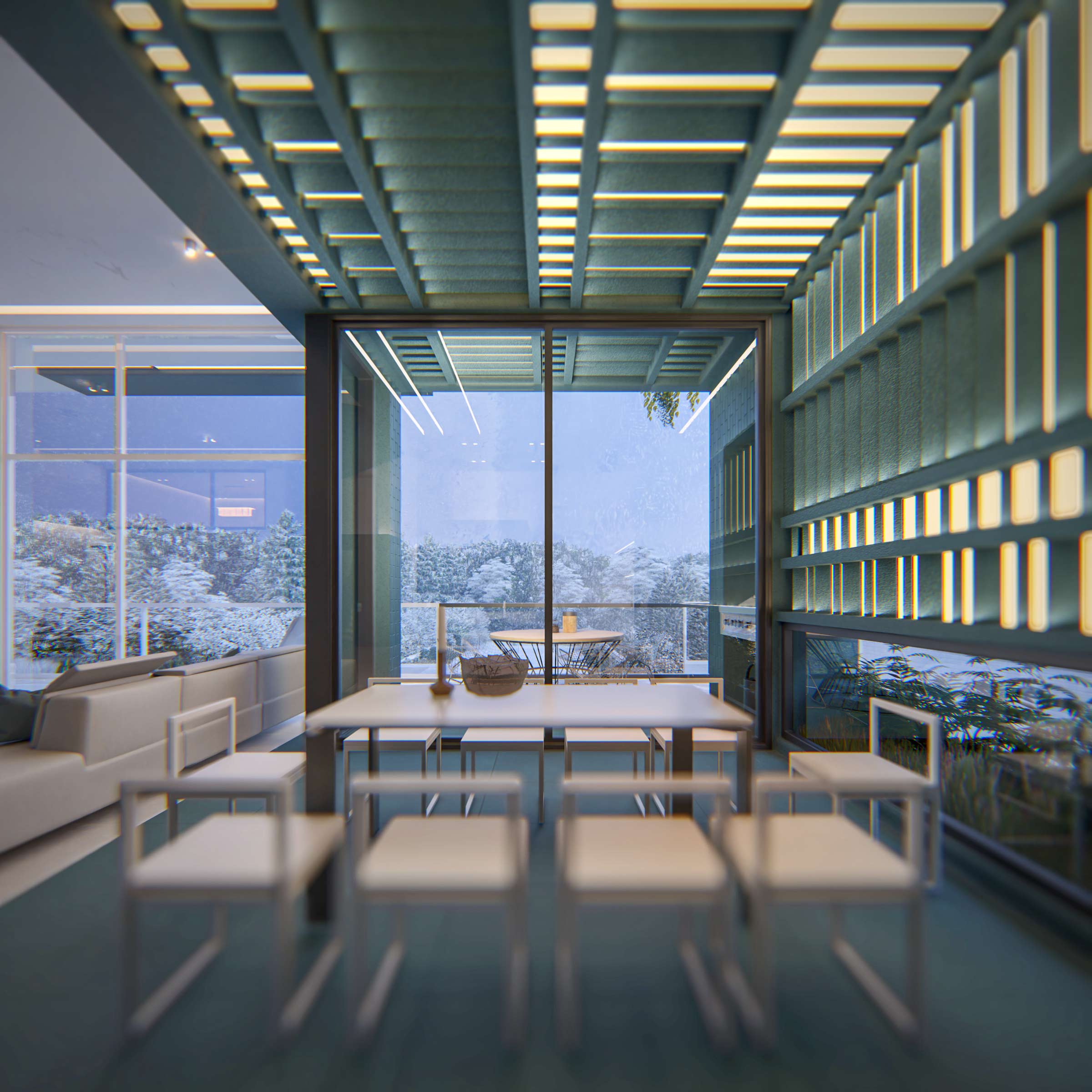 dining room, night interior , project: two cubes, One villa