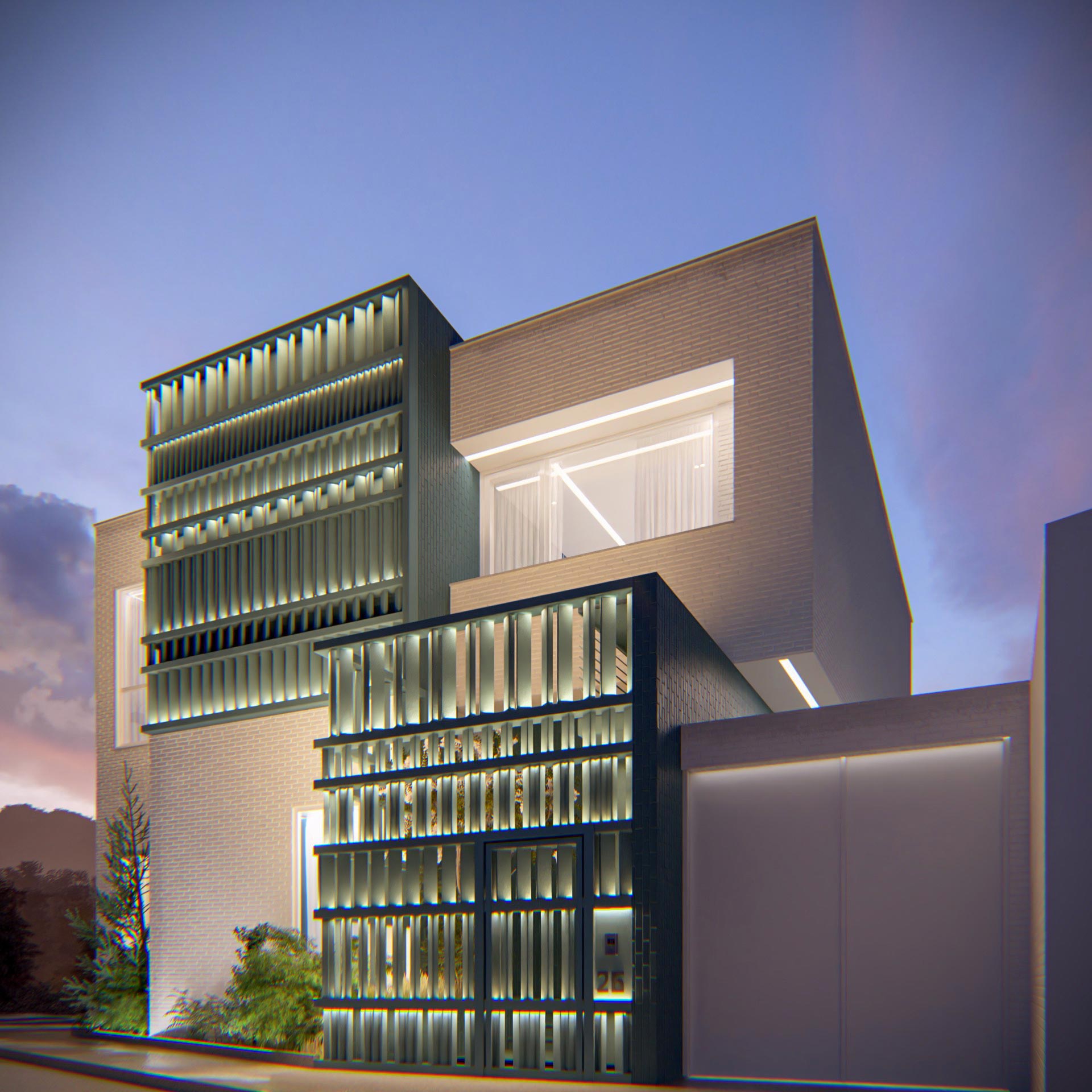 exterior night, western facade , project: two cubes, One villa