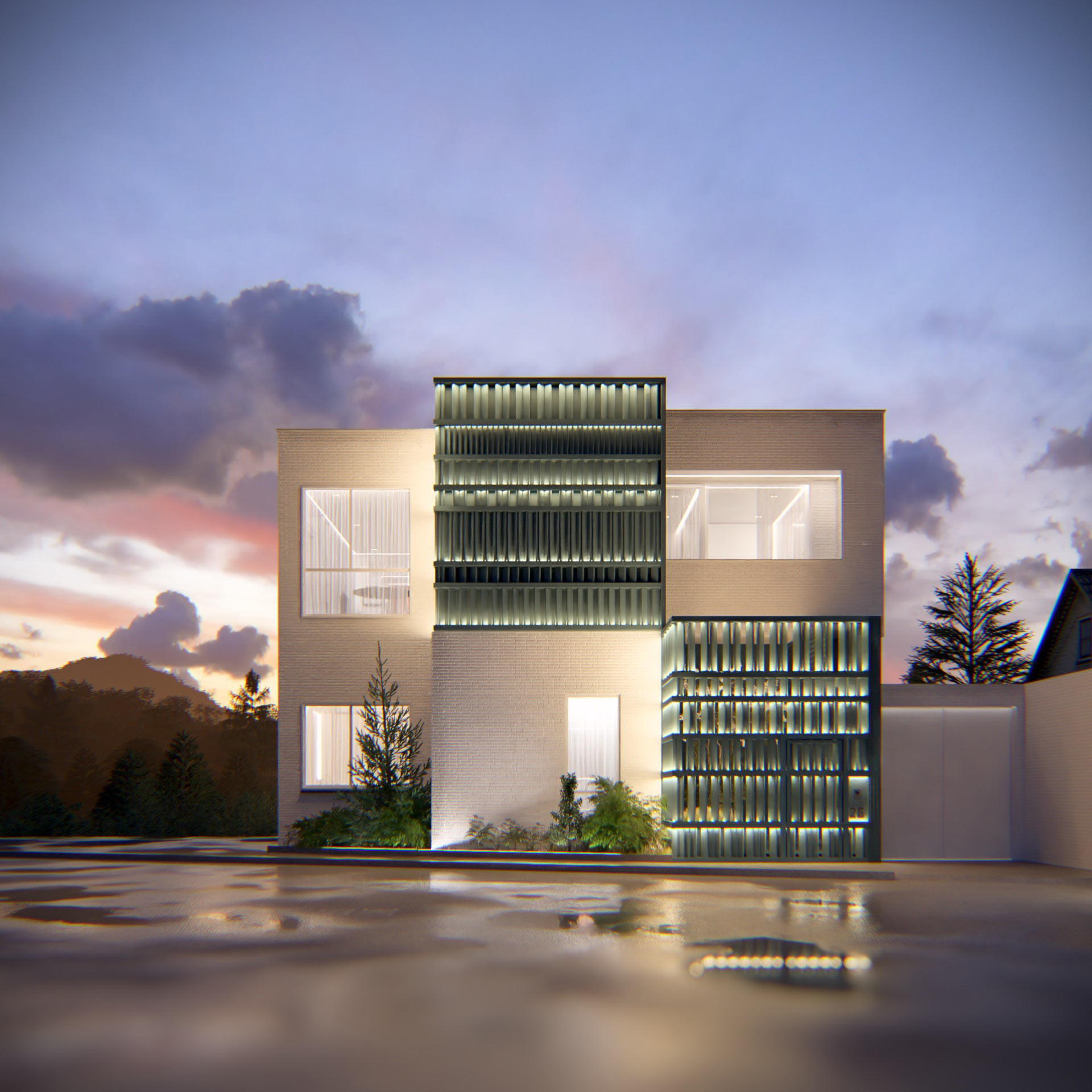 exterior view, western facade, night , project: two cubes, One villa