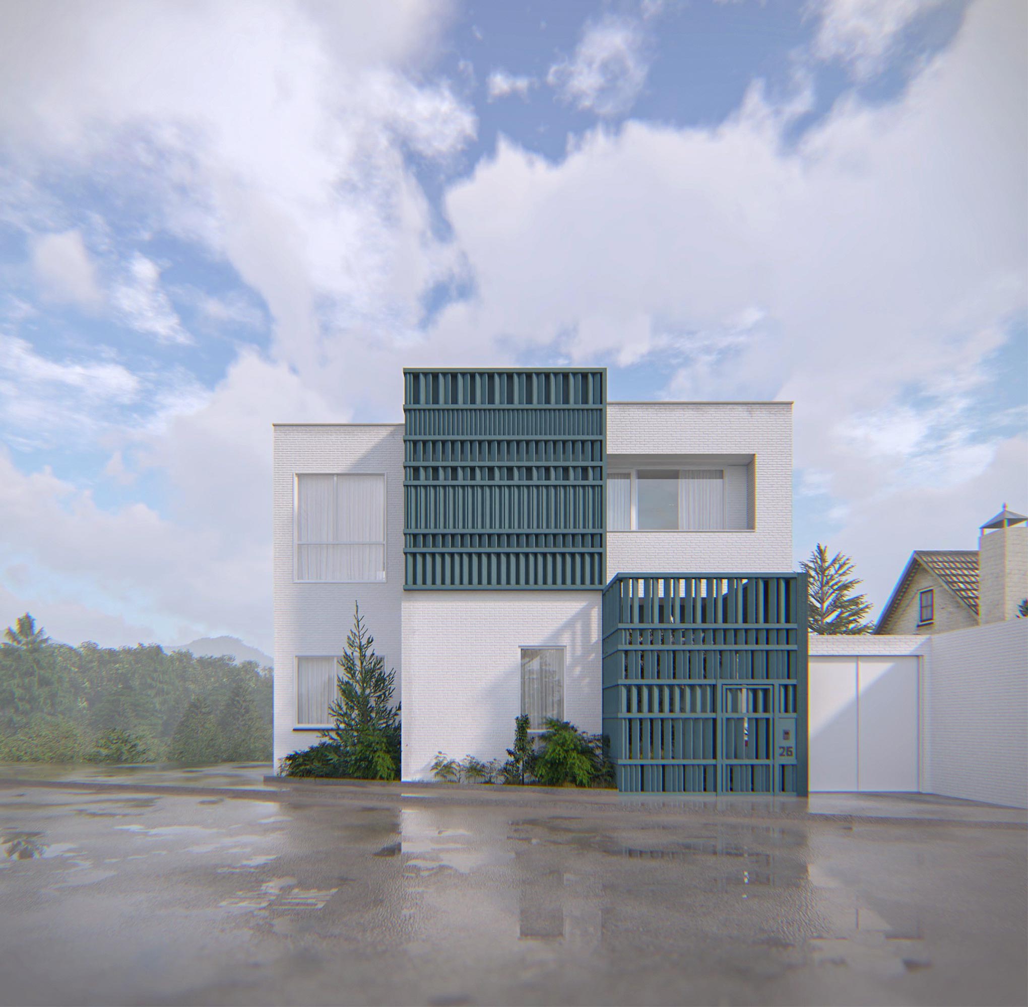 exterior view, western facade, day , project: two cubes, One villa