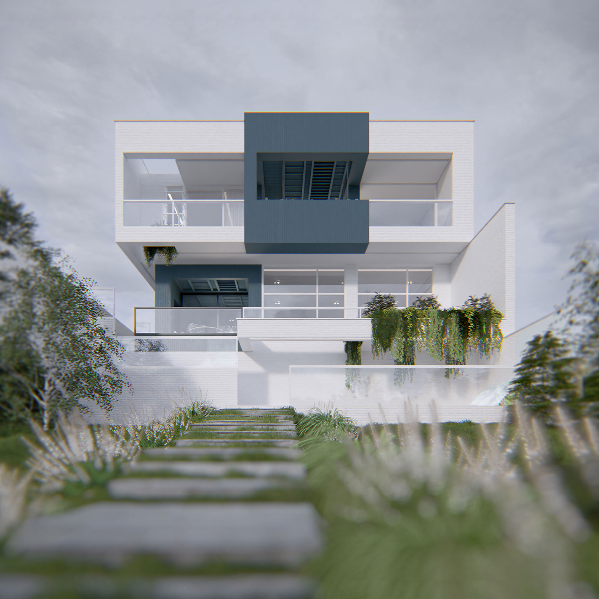 exterior view, eastrn facade + yard , day , project: two cubes, One villa