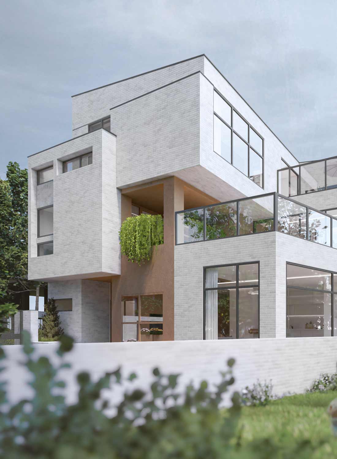 exterior render, two homes & one green void