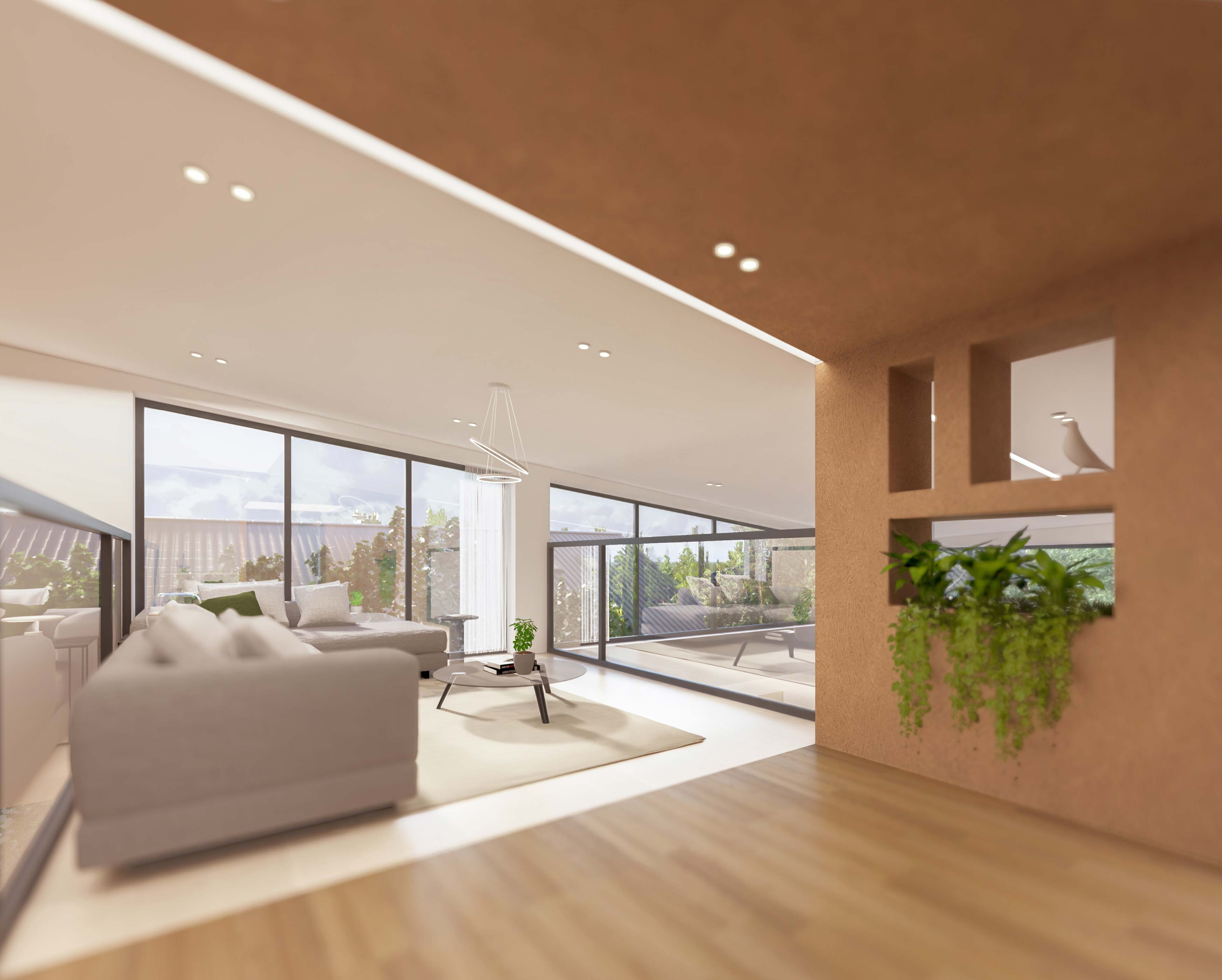 second floor, interior render, two homes & one green void