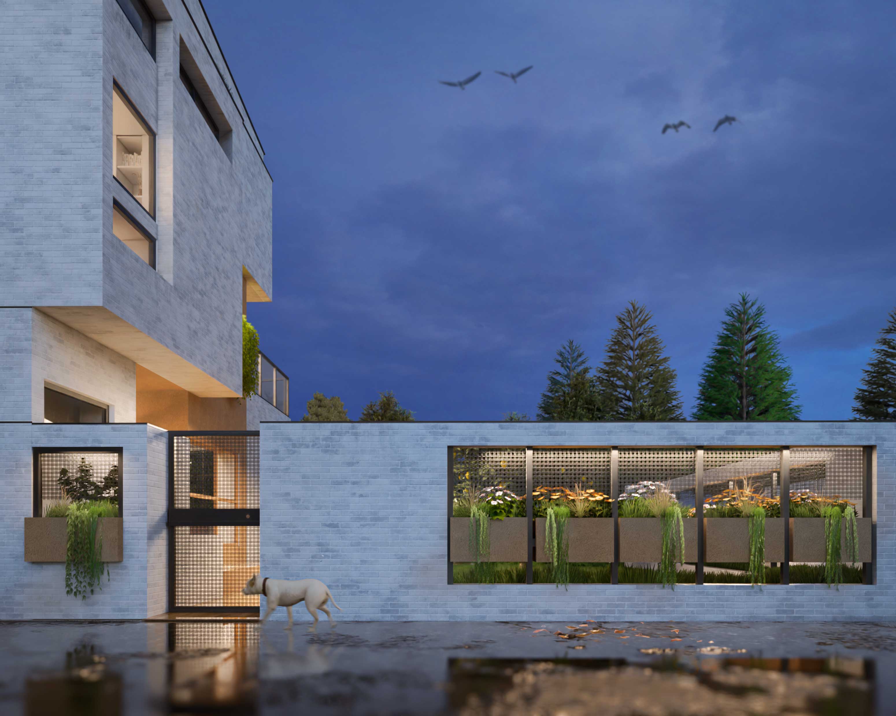 main entrance, exterior render, two homes & one green void