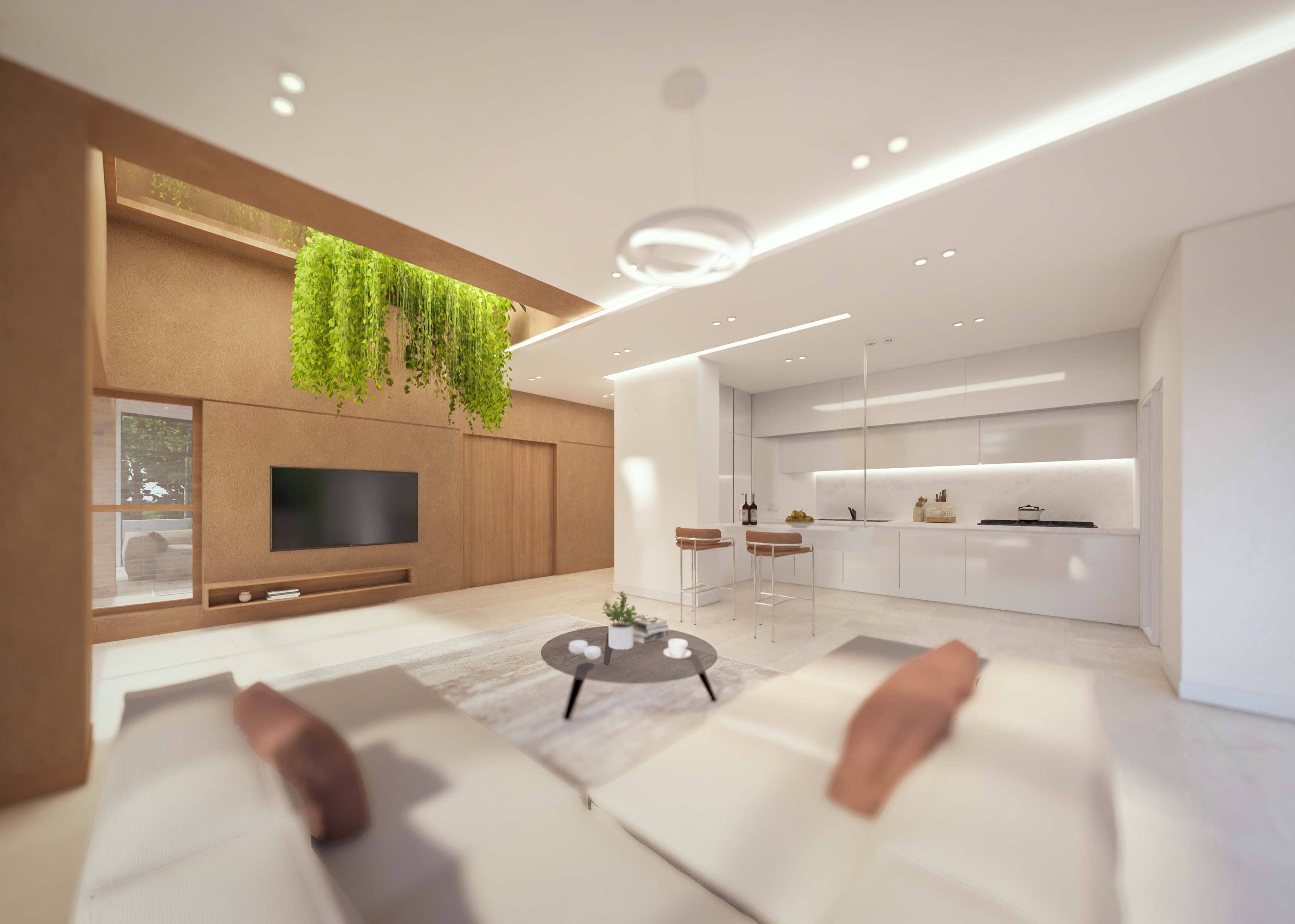 tv room, ground floor, interior render, two homes & one green void