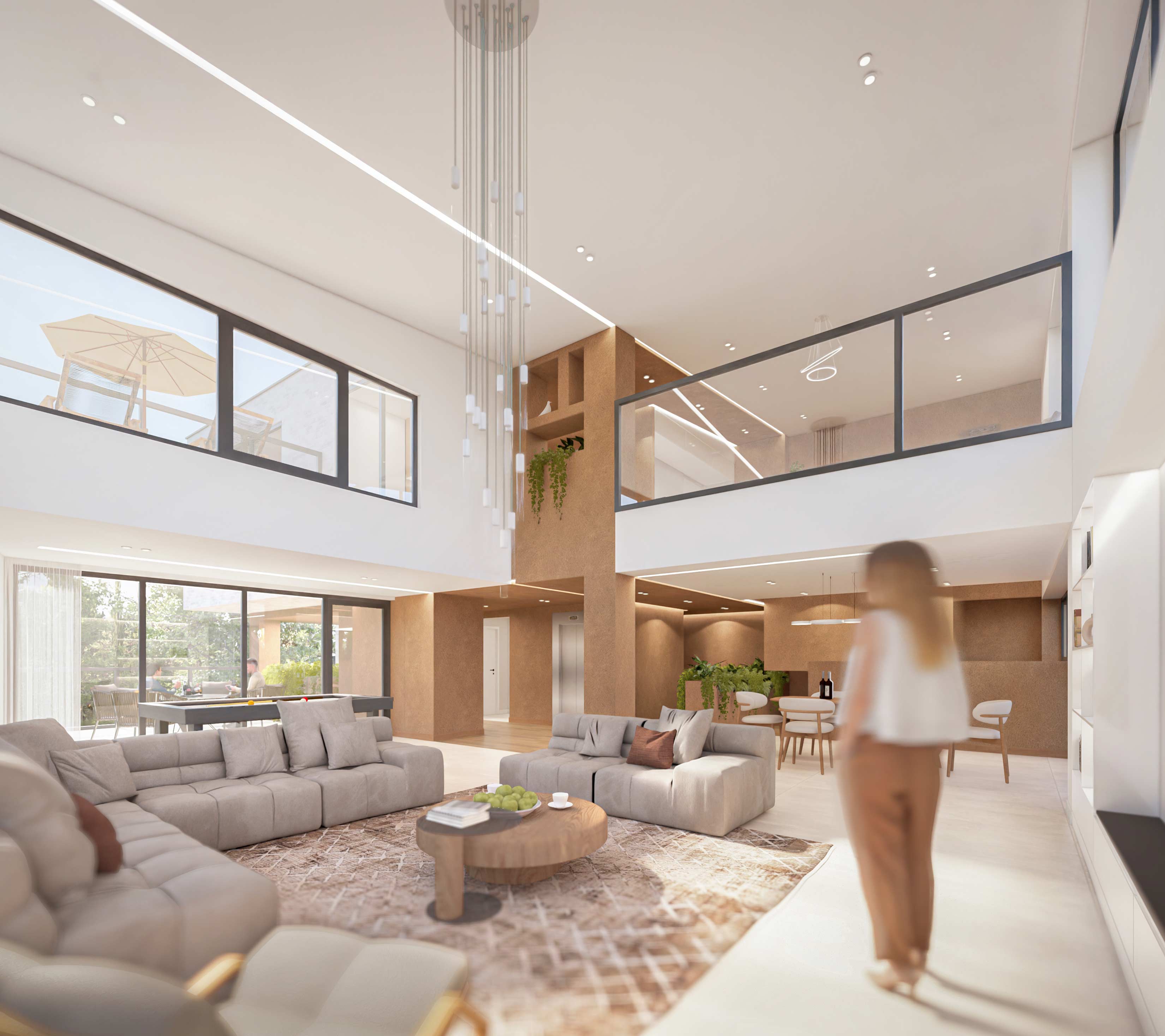 living room, first floor, interior render, two homes & one green void