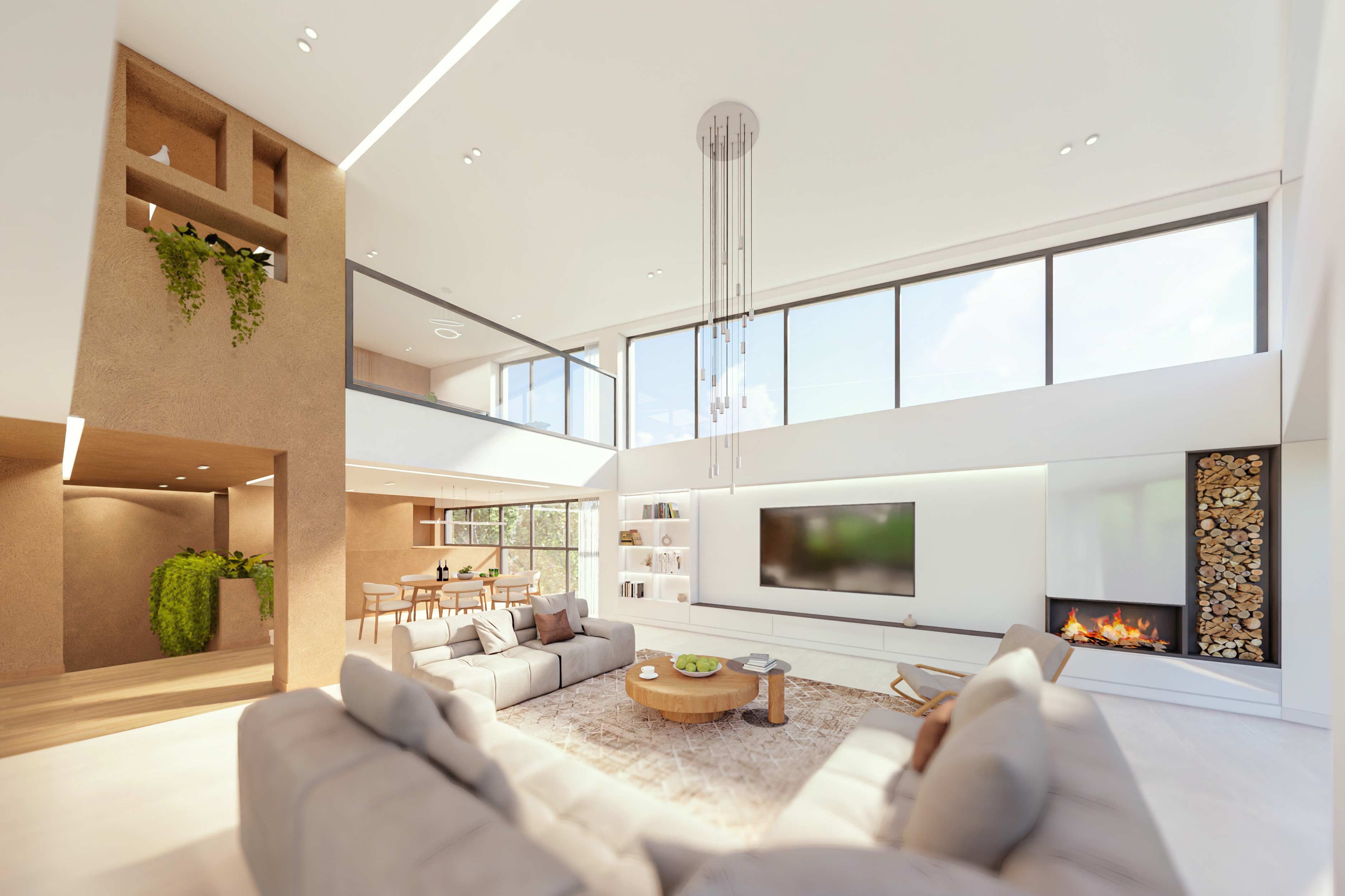 tv room, first floor, interior render, two homes & one green void