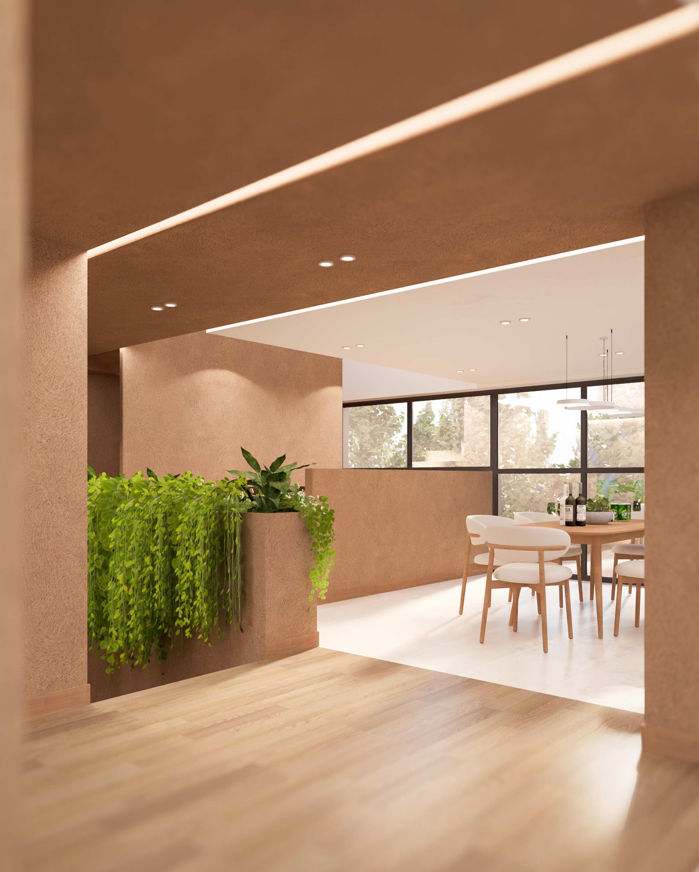 first floor, interior render, two homes & one green void