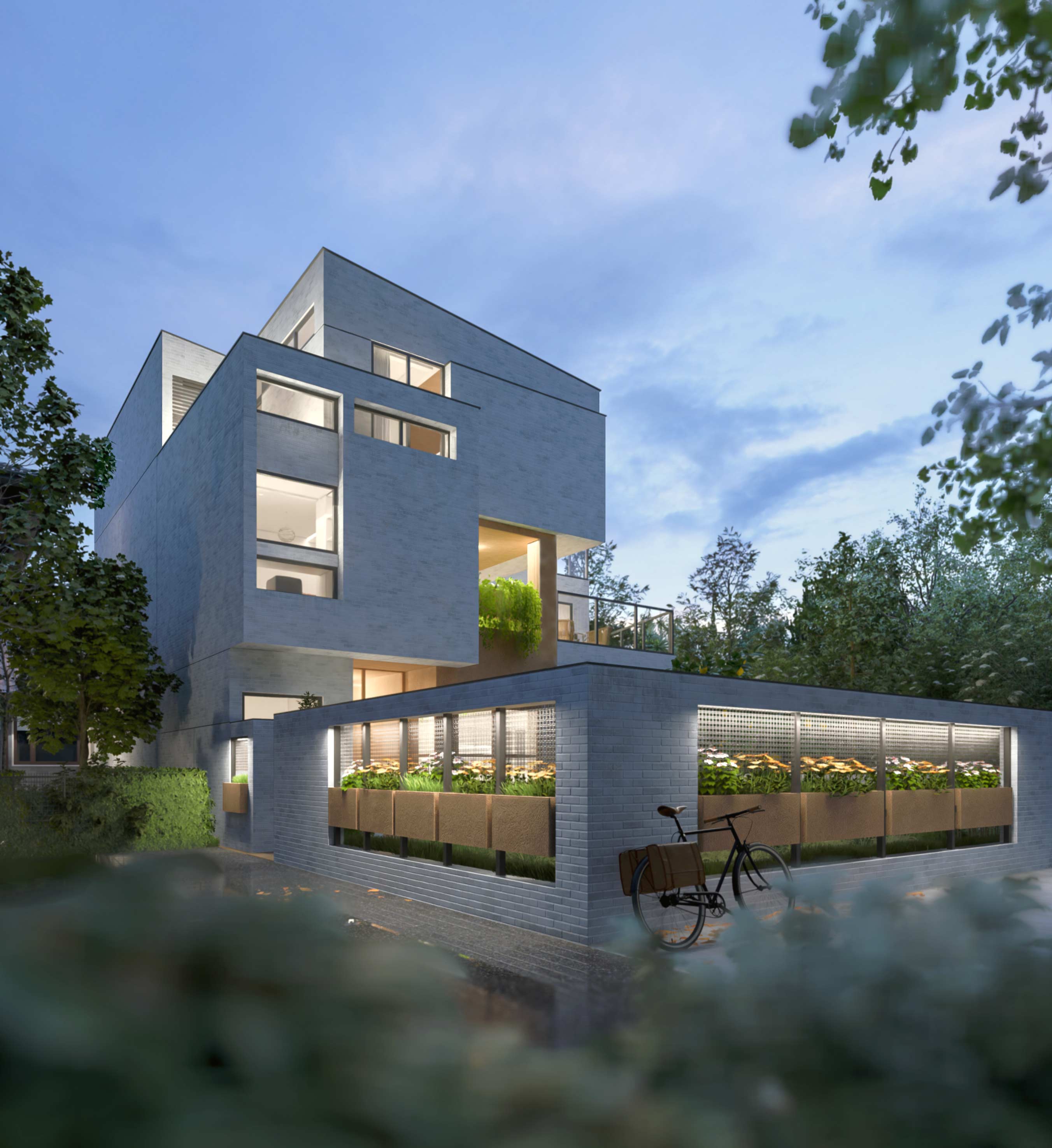 night, exterior render, two homes & one green void