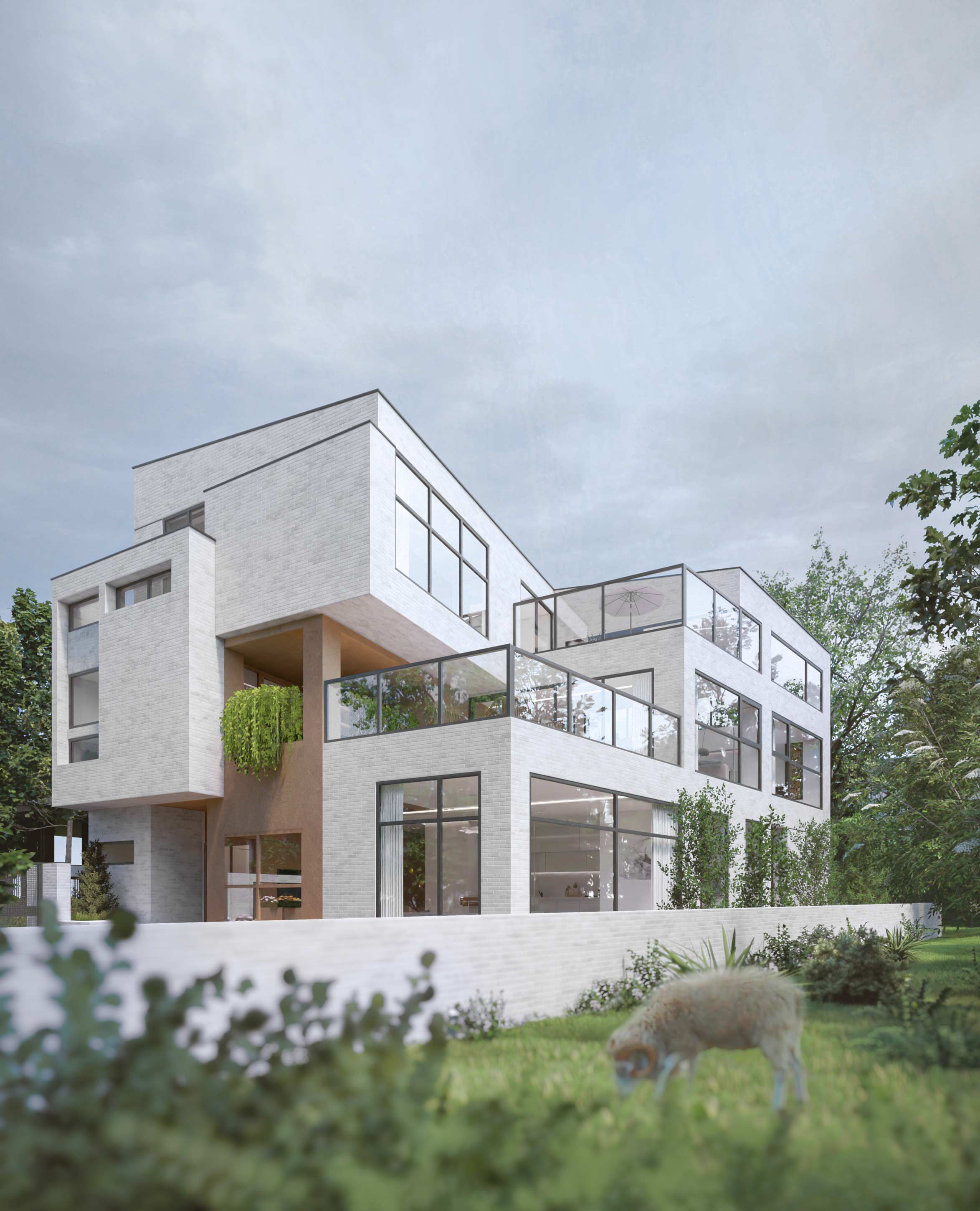 day, exterior render, two homes & one green void