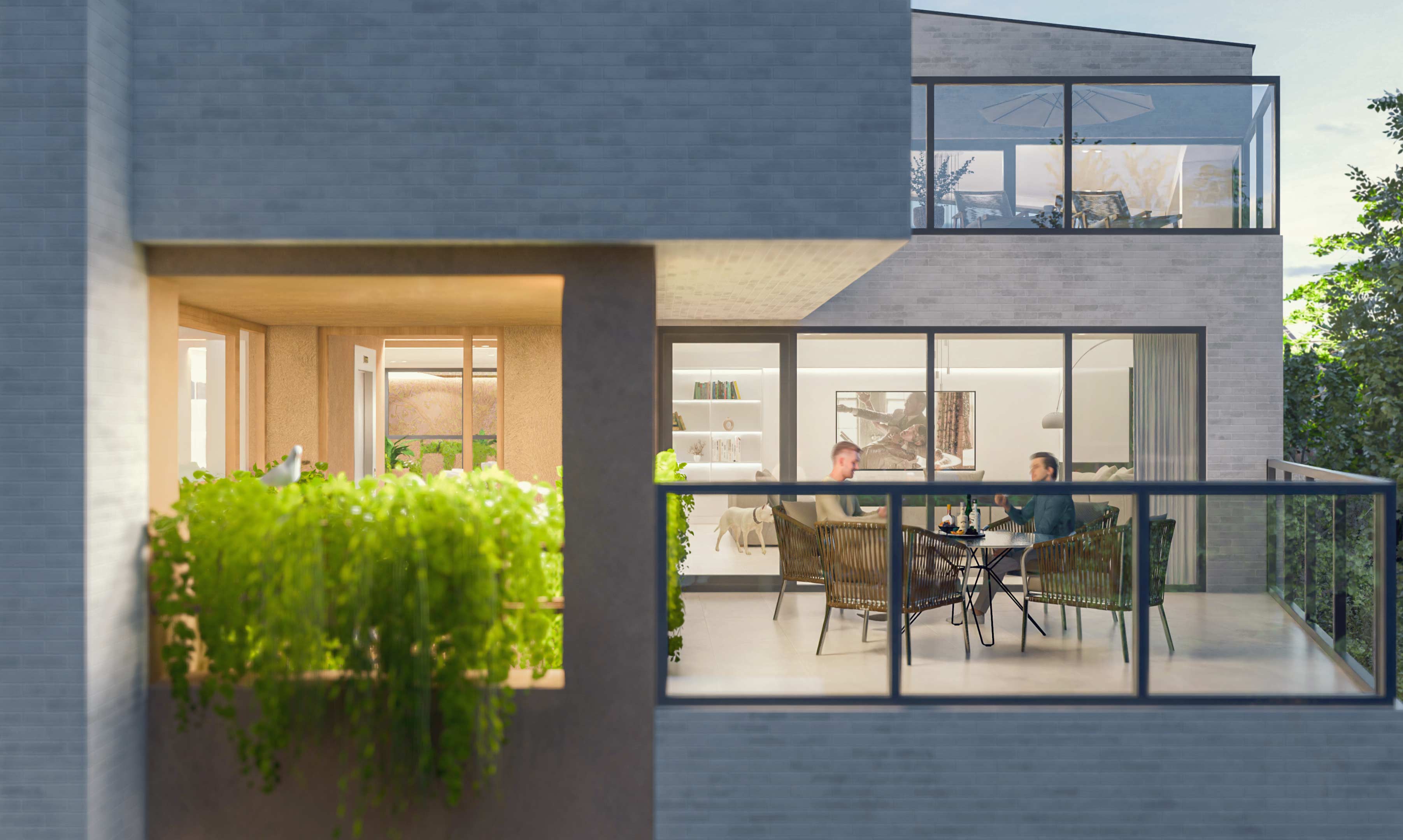 the green void , exterior render, two homes & one green void