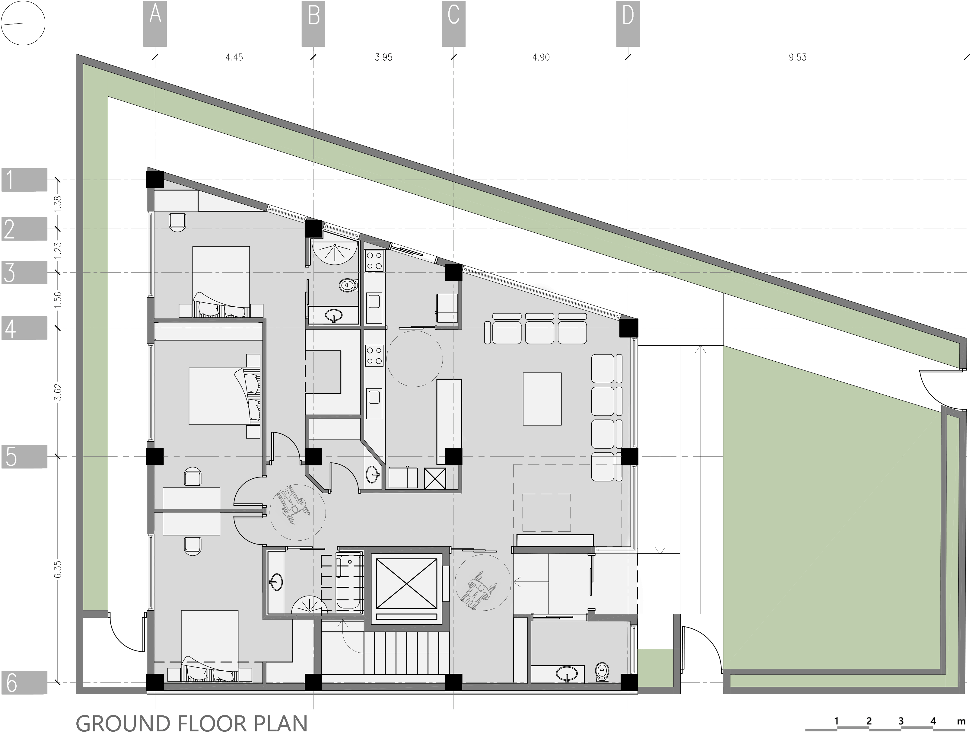 ground floor plan, two homes & one green void