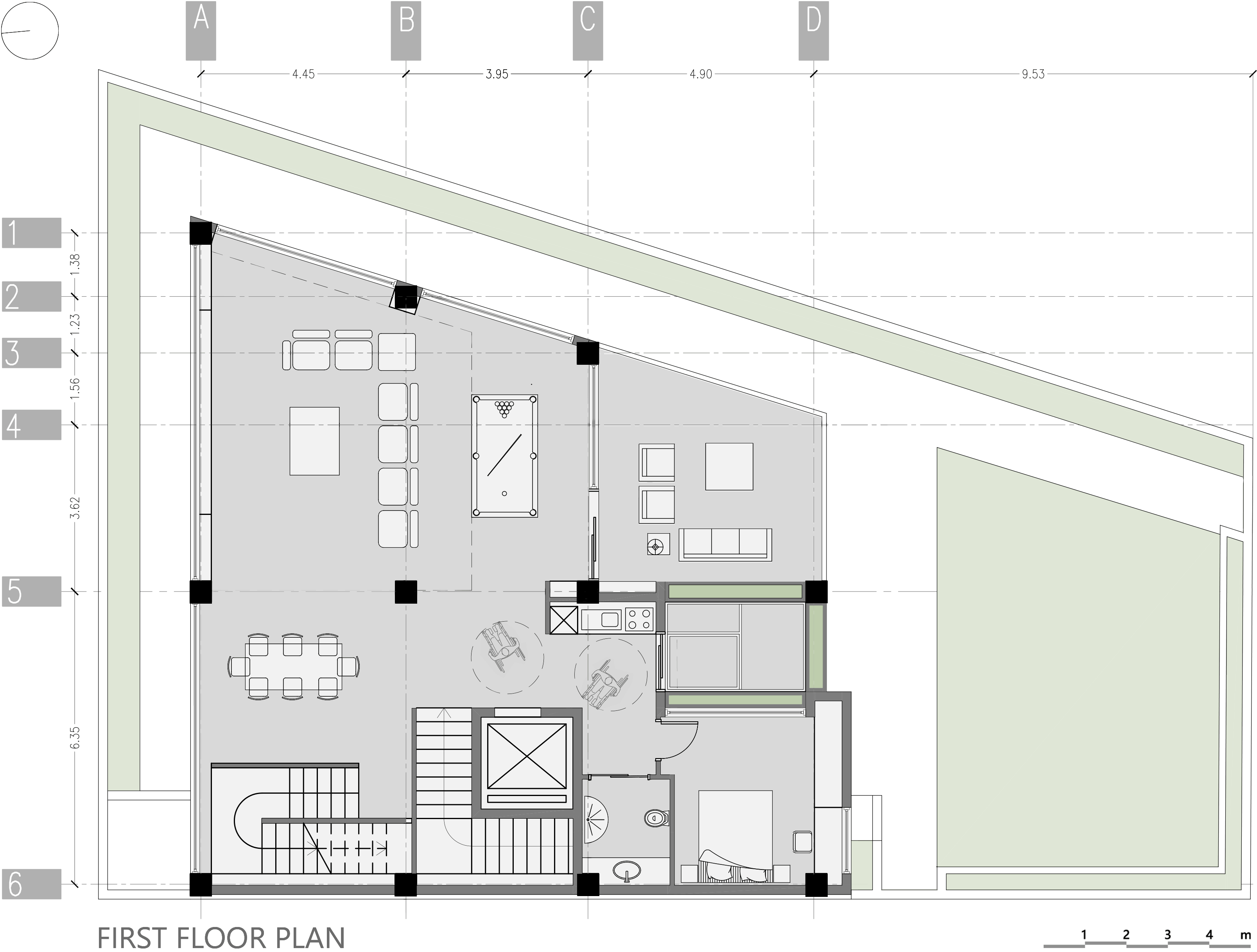 first floor plan, two homes & one green void