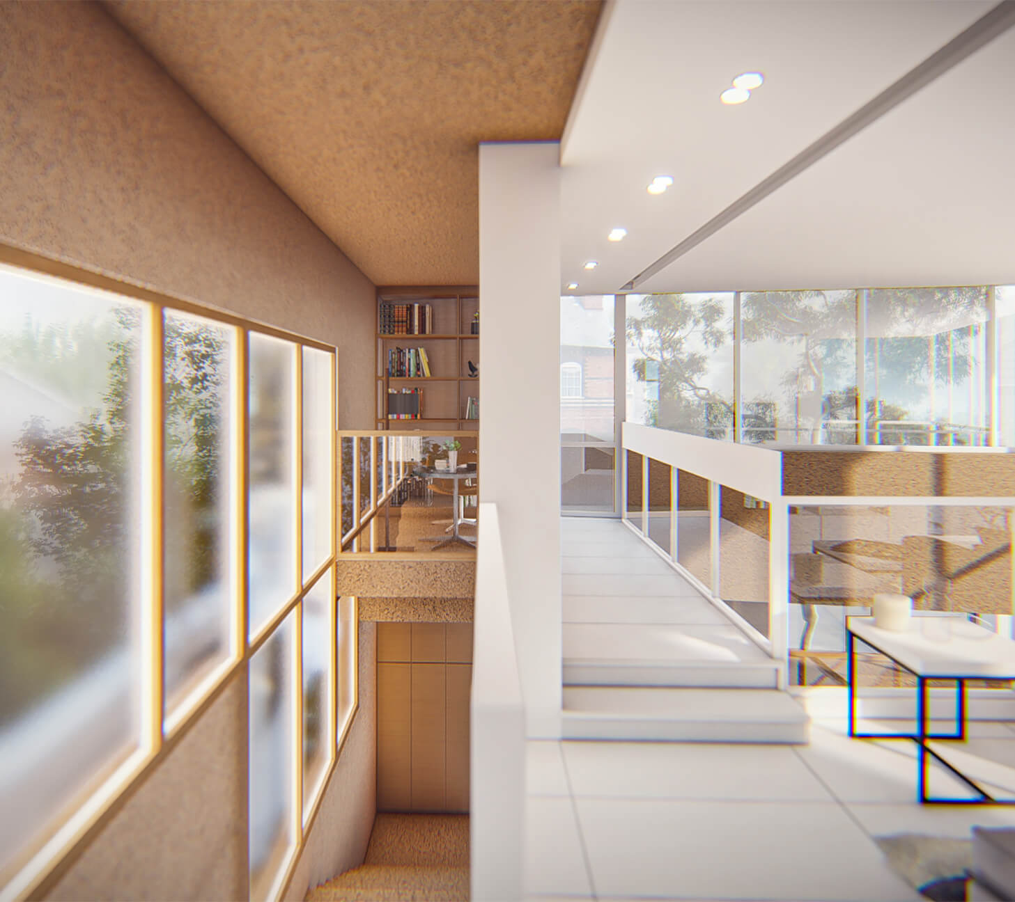 interior, stairs, upper floor, a villa between two trees