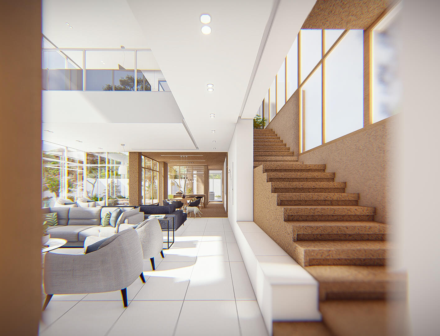 interior stairs , a villa between two trees