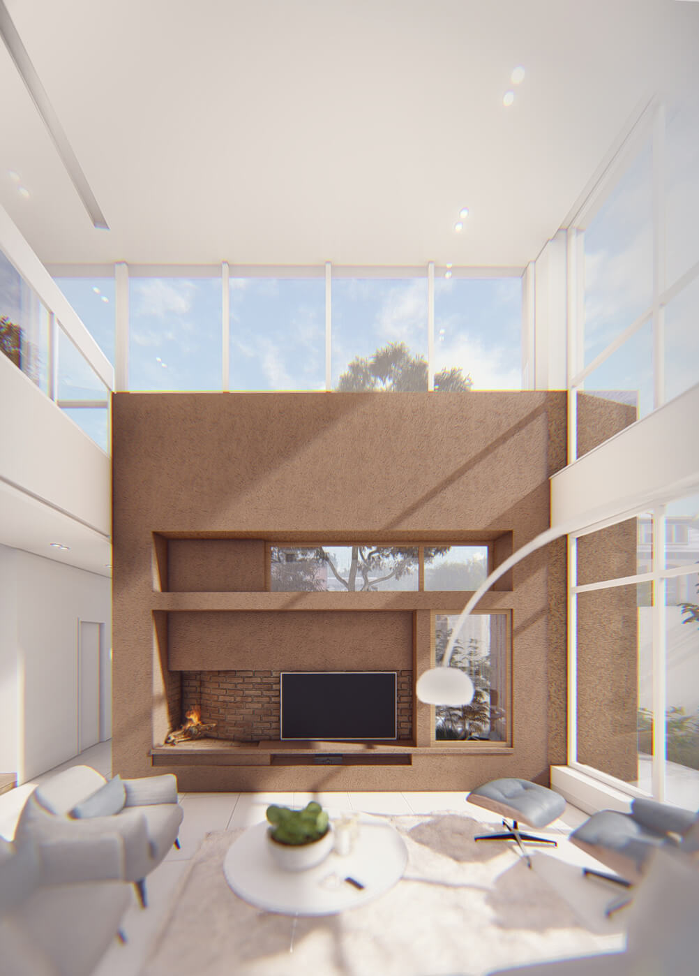 fire place, interior , a villa between two trees