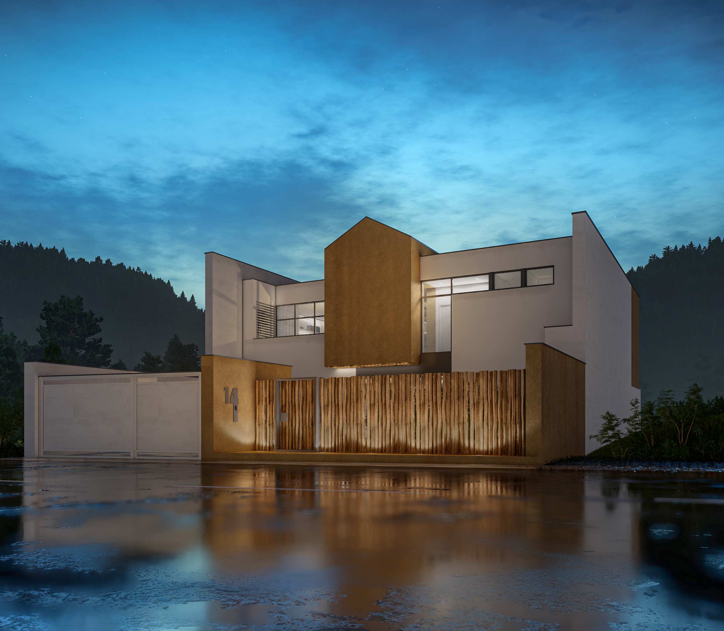 facade, view from street, night, villa in Joukoulbandan